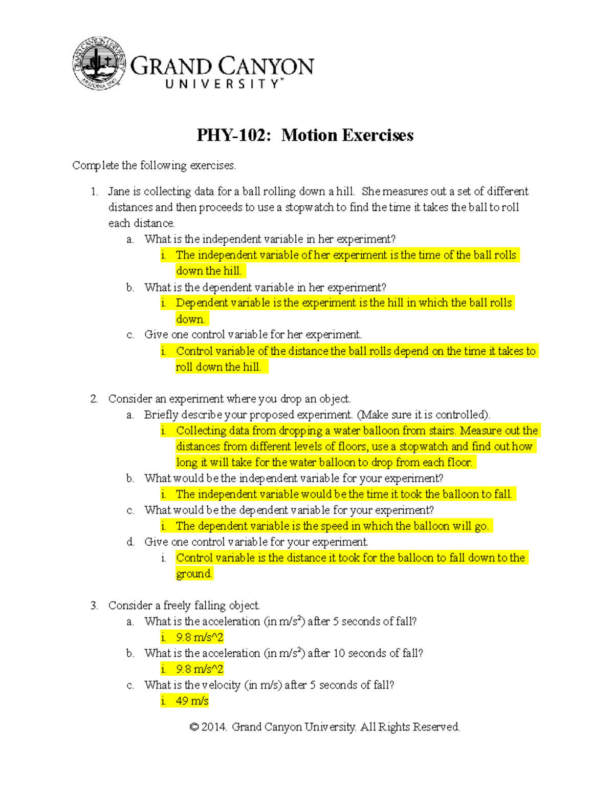 PHY 102 RS Motion Exercises - PHY-102: Motion Exercises Complete the ...