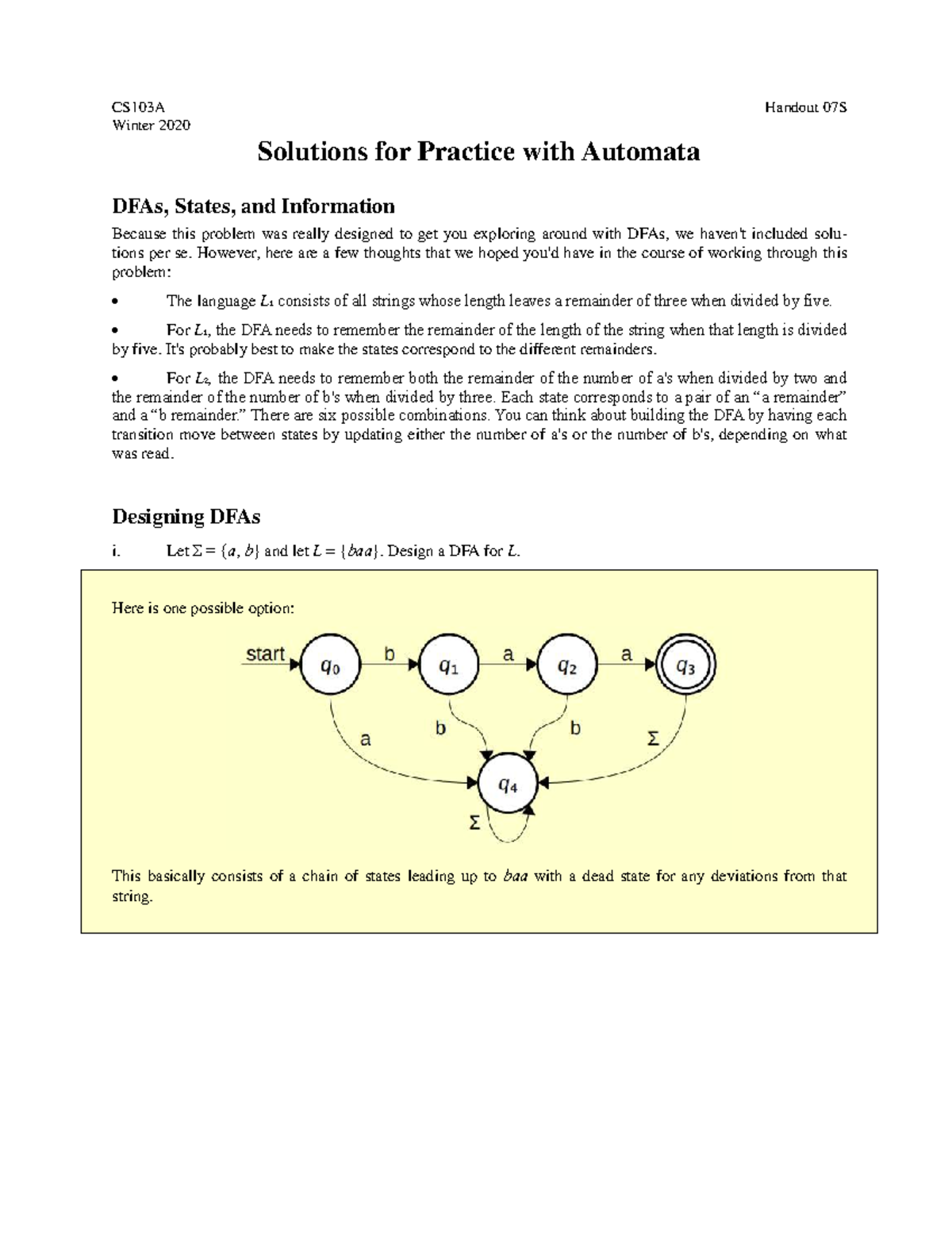 070S Solutions for Practice with Automata - CS103A Handout 07S Winter ...
