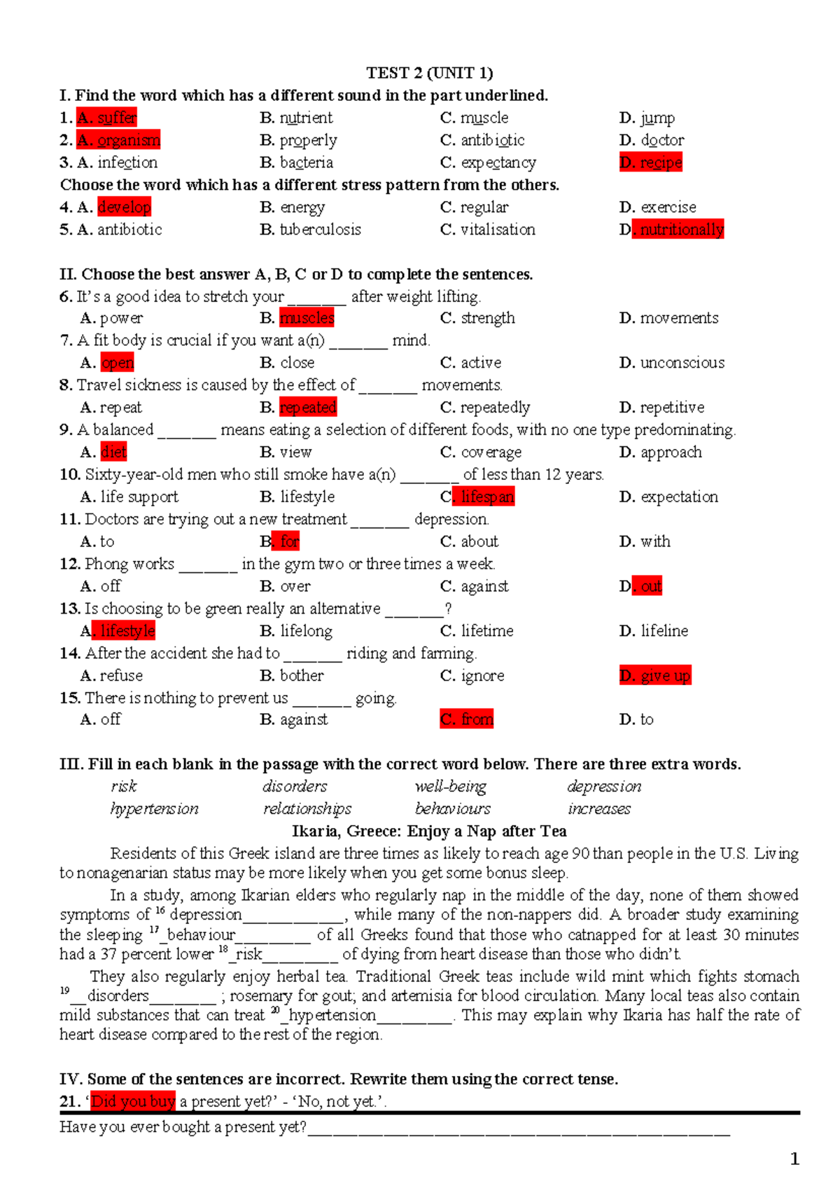 UNIT 1 - TEST 2: Vocabulary and Grammar Exercises - Studocu