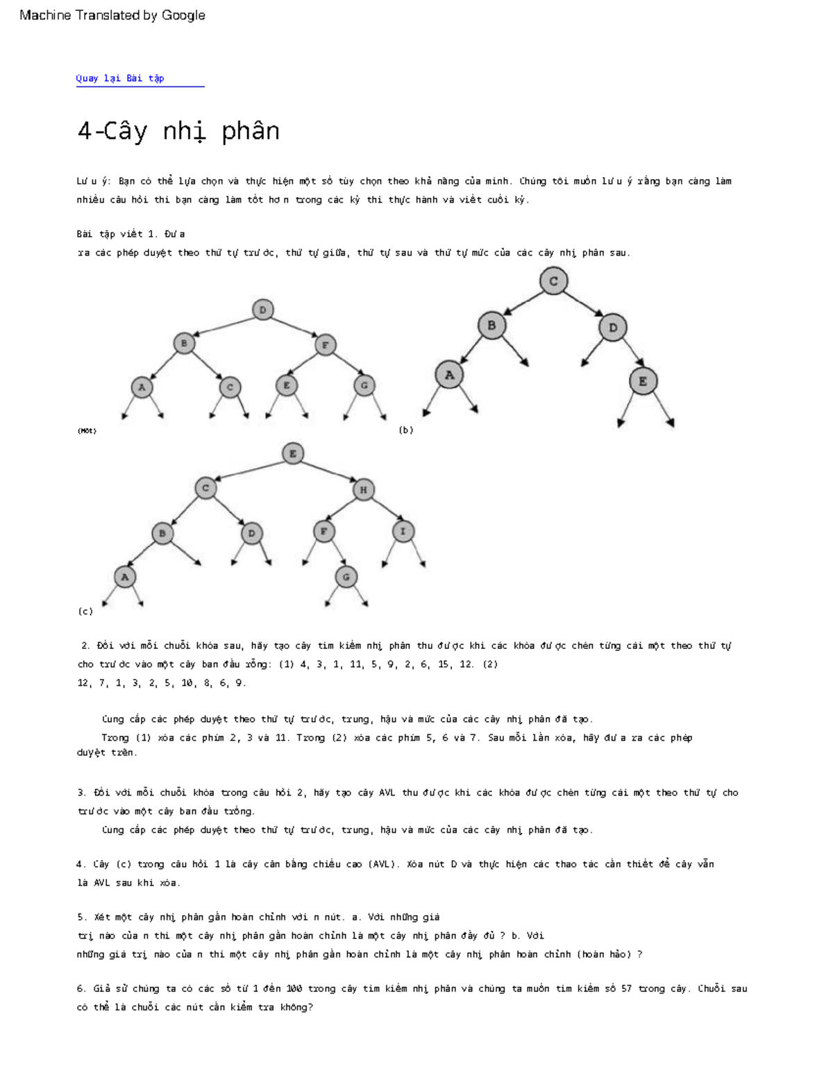 Bài tập nhị phân 4: Cây nhị phân và Cây AVL - Lưu ý và Phép duyệt - Studocu