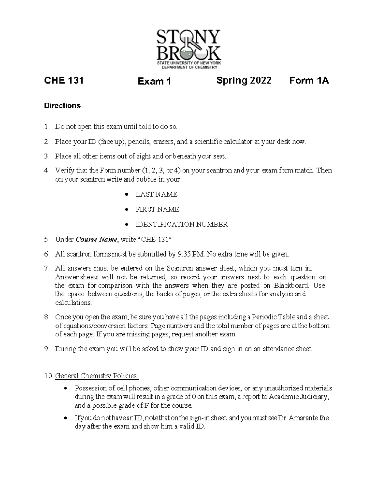 CHE 131 Spring 2022 Exam 1 Version A - CHE 131 Exam 1 Spring 2022 Form ...