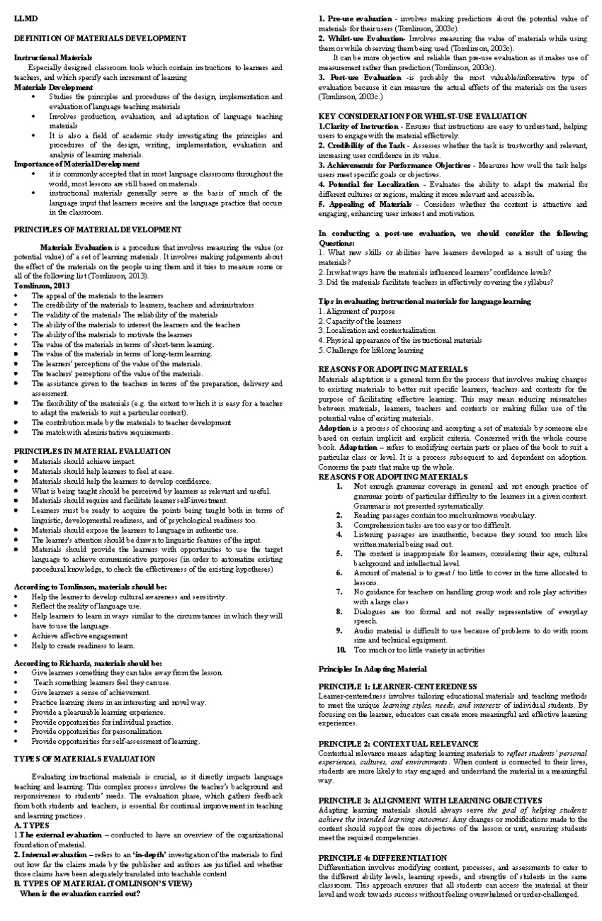 LLMD: Principles and Practices in Materials Development - Studocu