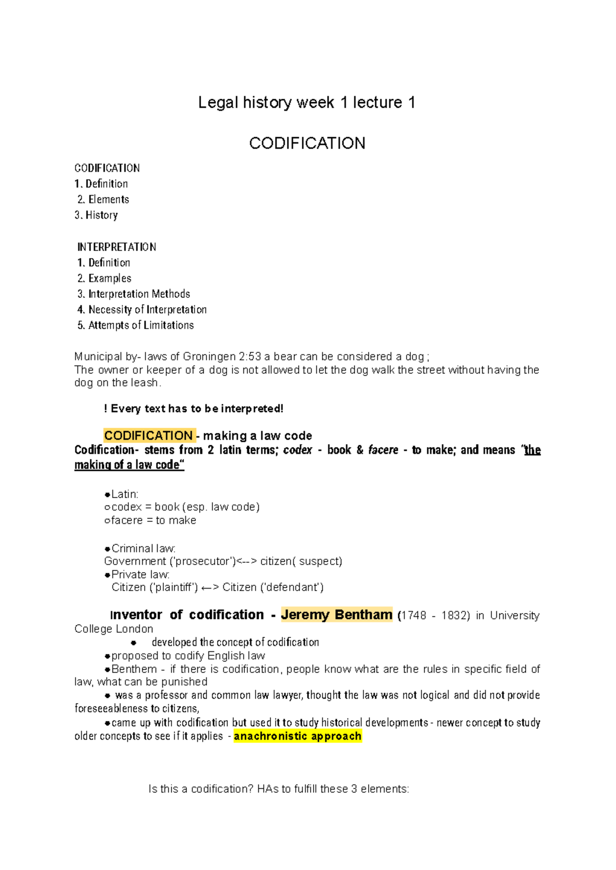 Legal History Week 1 Lecture Notes: Codification & Natural Law ...