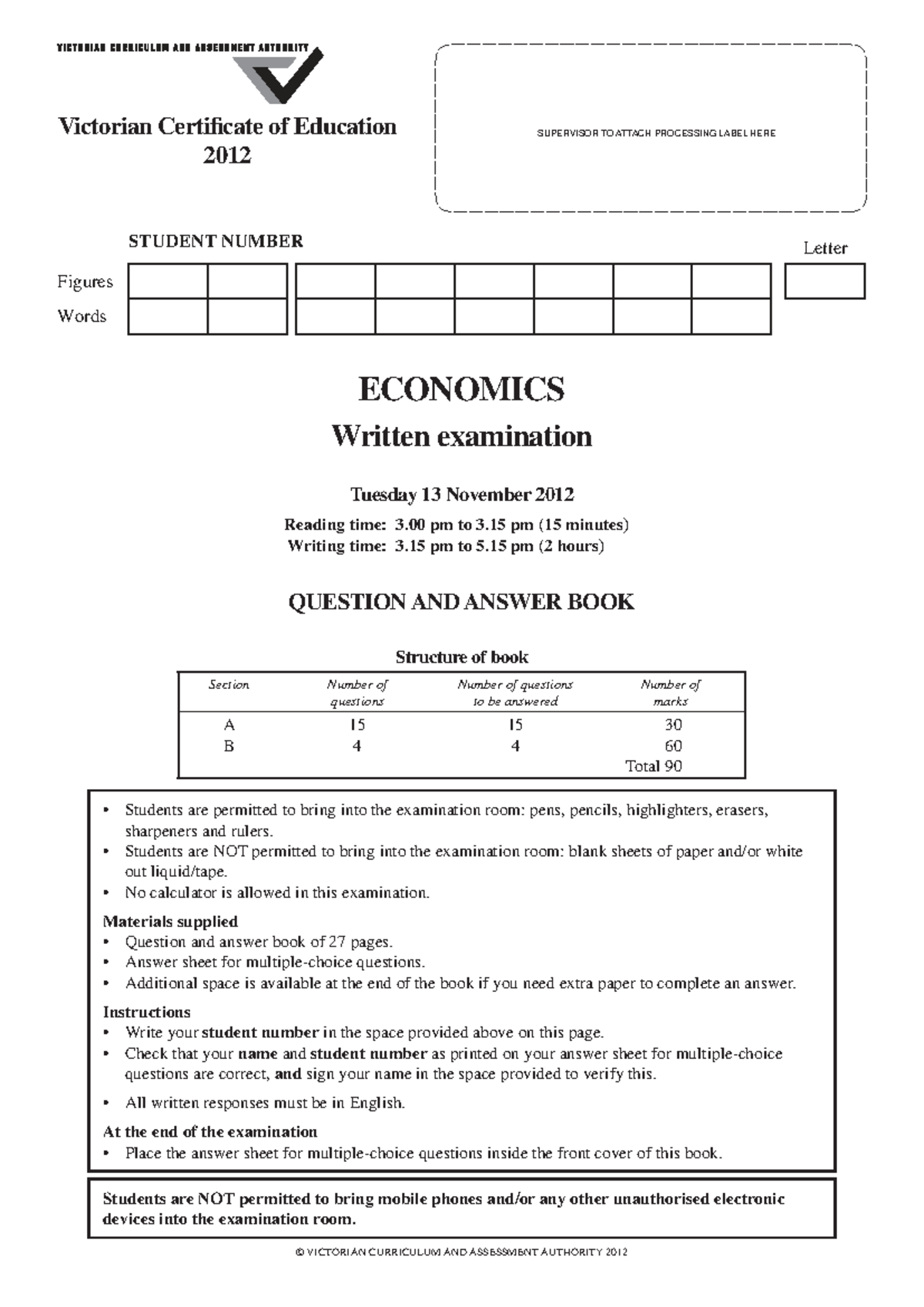 2012 ECONOMICS EXAM - VCE Written Examination Guide - Studocu