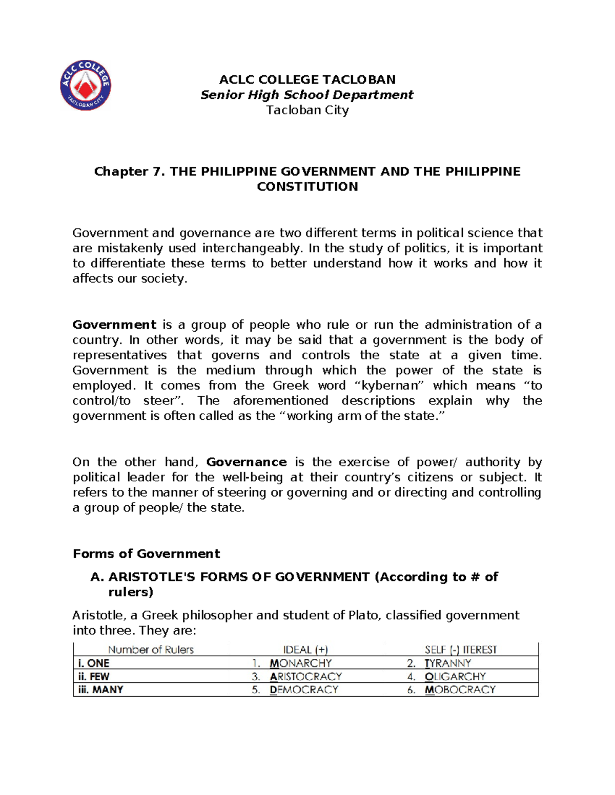 UCSP-Chapter-7 - constitution - ACLC COLLEGE TACLOBAN Senior High ...