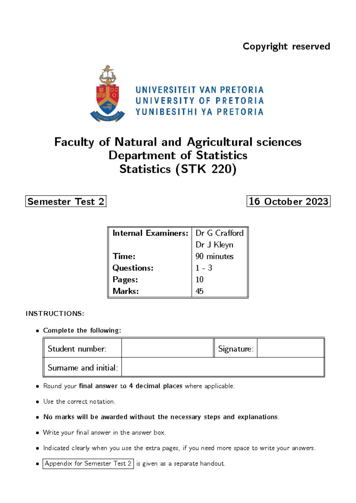 STK 220: Semester Test 2 2023 - Past Paper and Solutions - Studocu