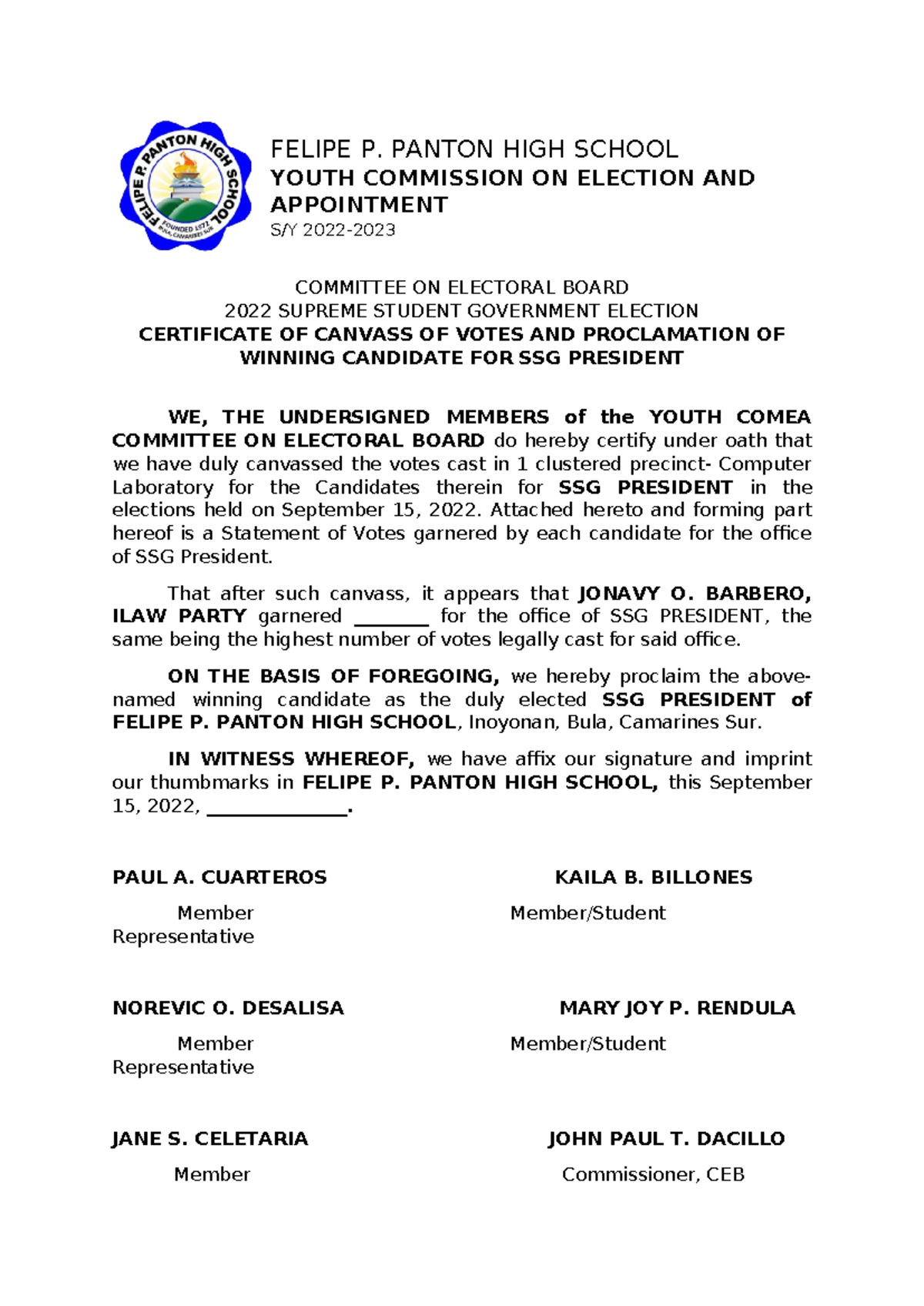 **S/Y 2022- Certificate of Canvass & Proclamation for SSG Elections ...