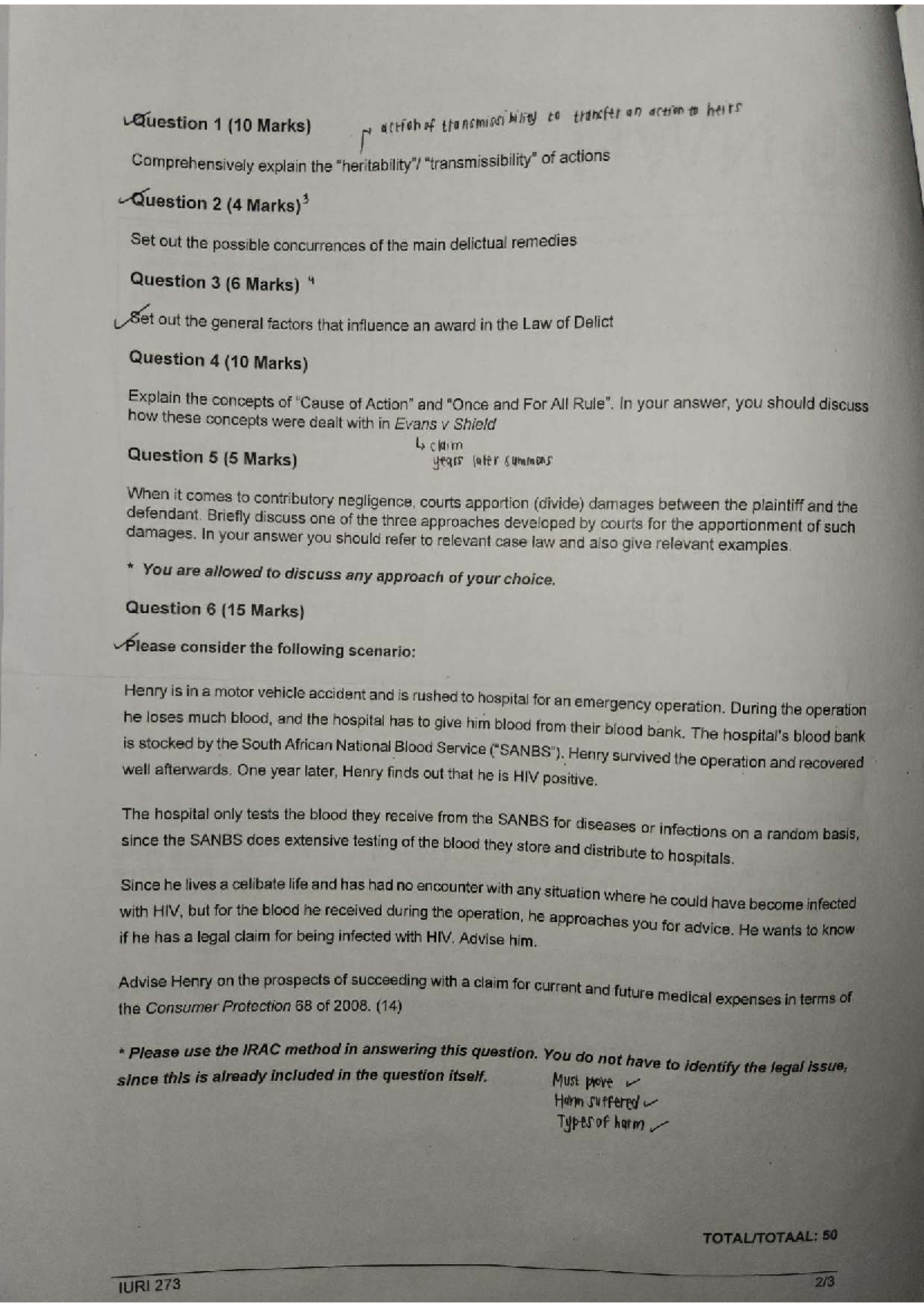 Law of Delict Past Paper - IURI 273: Comprehensive Exam Questions - Studocu