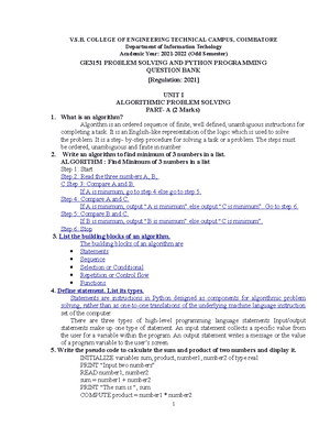 Problem Solving and Python Programming - GE3151 - Studocu
