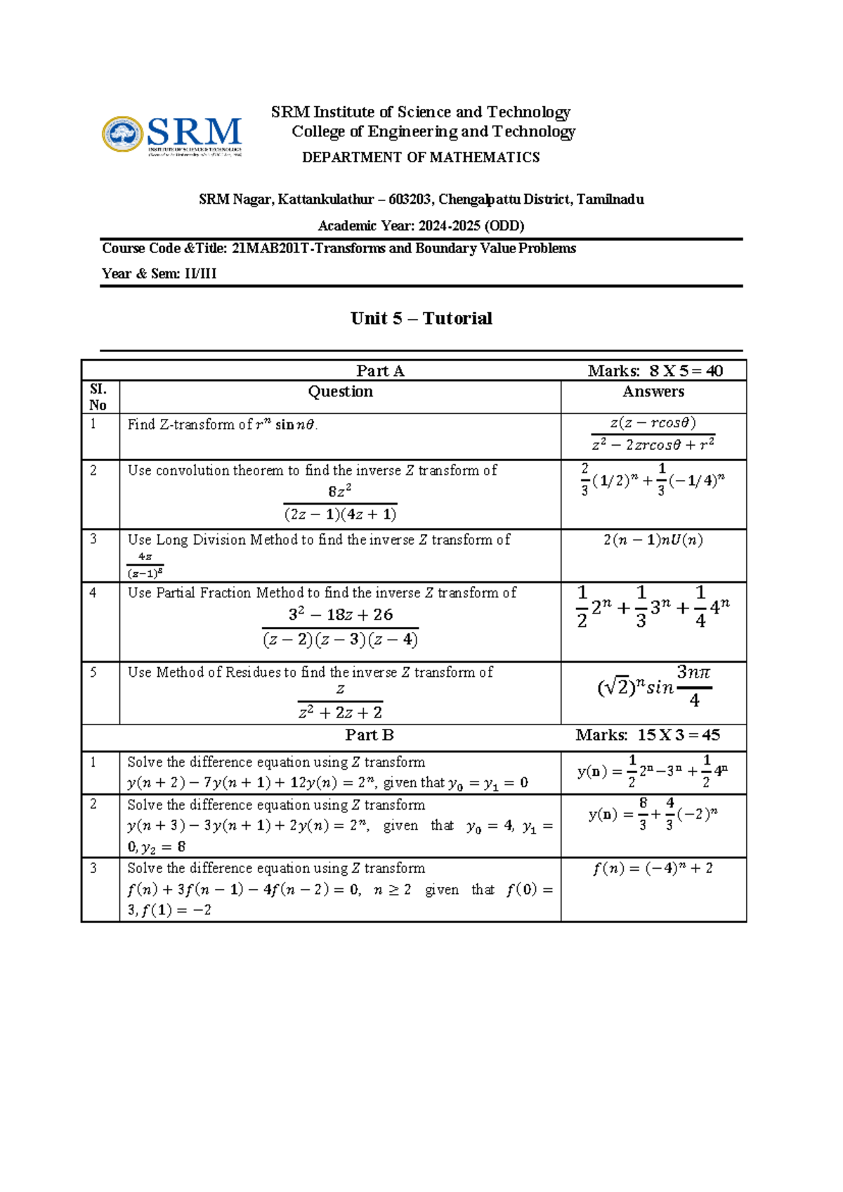 21MAB201T Tutorial-Unit-V - SRM Institute of Science and Technology ...