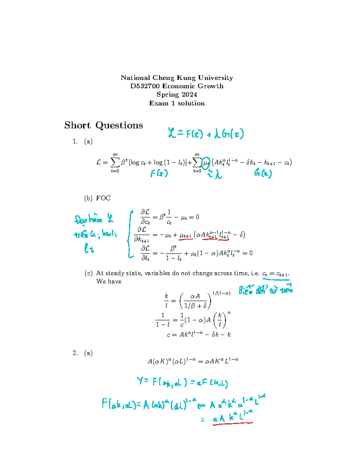 D532700 Economic Growth Spring 2024 Midterm Exam 1 Solutions - Studocu