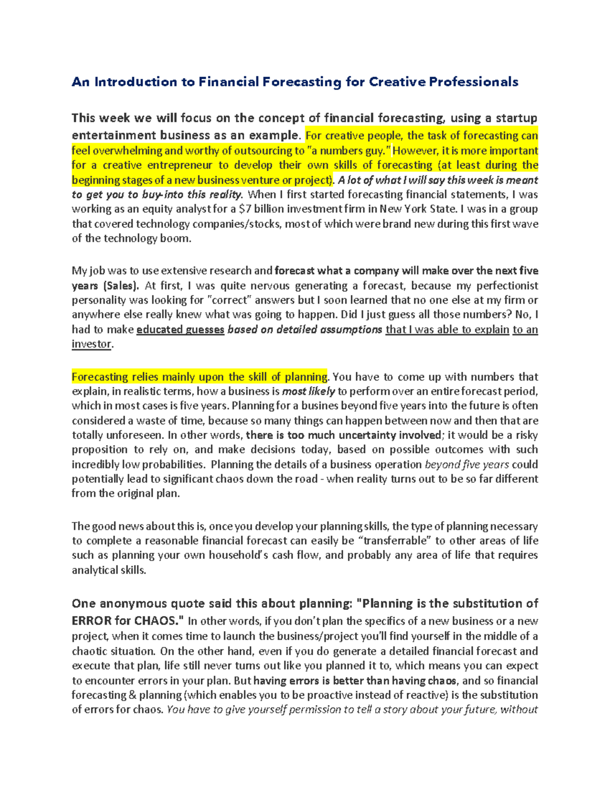 Financial Forecasting for Creative Professionals: An Introductory Guide ...