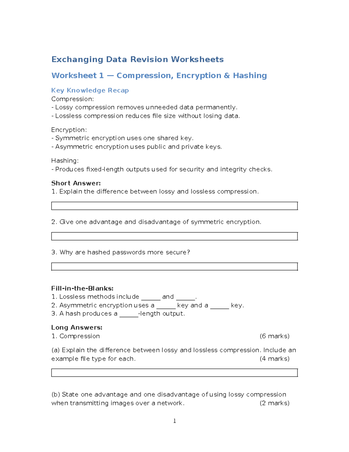 Exchanging Data Revision Worksheets: Compression, Encryption & Hashing ...