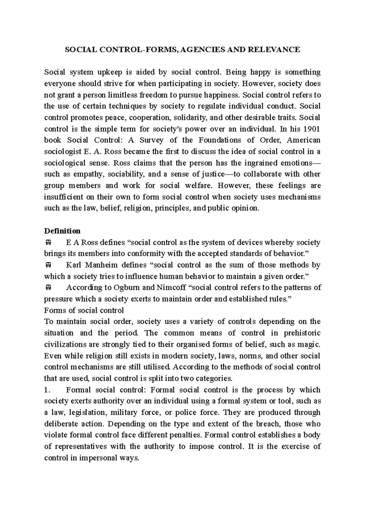 Social Control- Forms, Agencies AND Relevance - SOCIAL CONTROL-FORMS ...