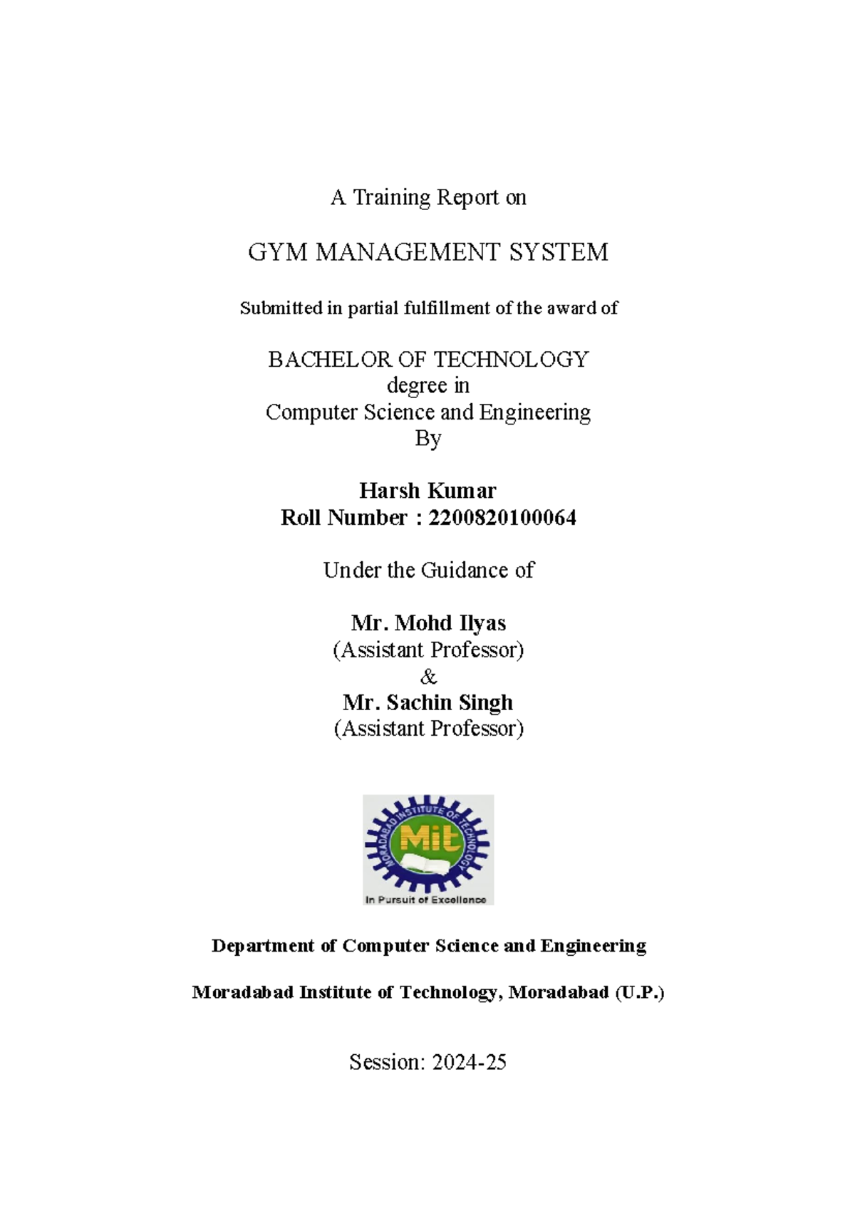 Gym Management System Final Report - Harsh Kumar (B.Tech CSE) - Studocu