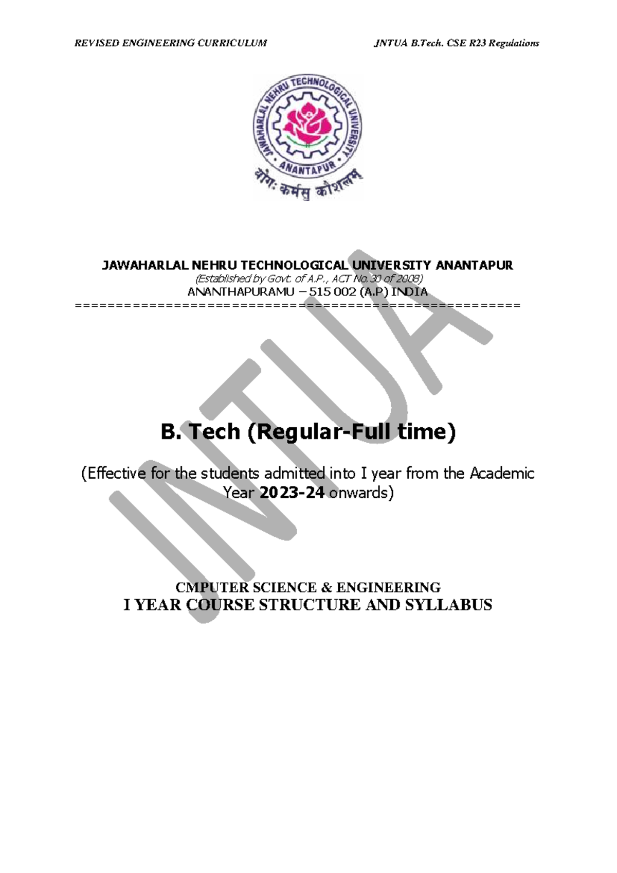REVISED ENGINEERING CURRICULUM JNTUA B.Tech. CSE R23 Regulations - I ...