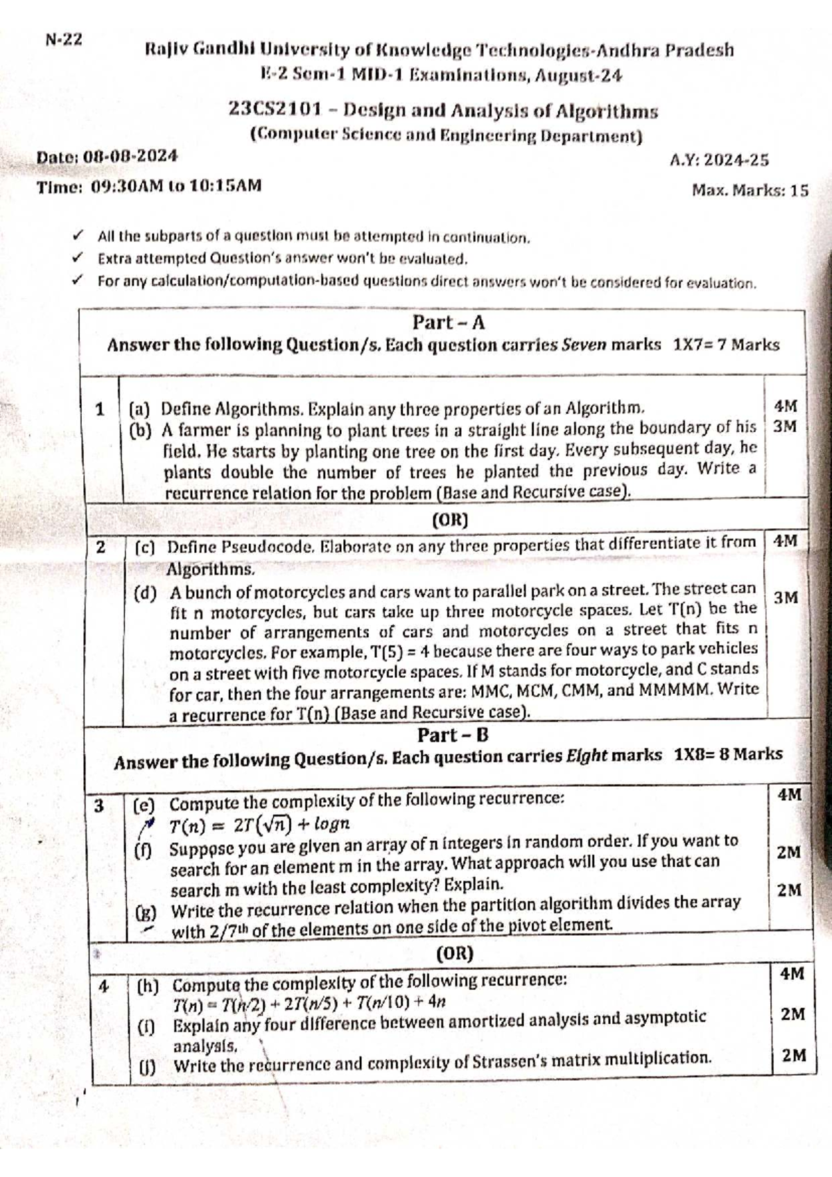 23CS2101 Midterm Exam: Design and Analysis of Algorithms - Studocu