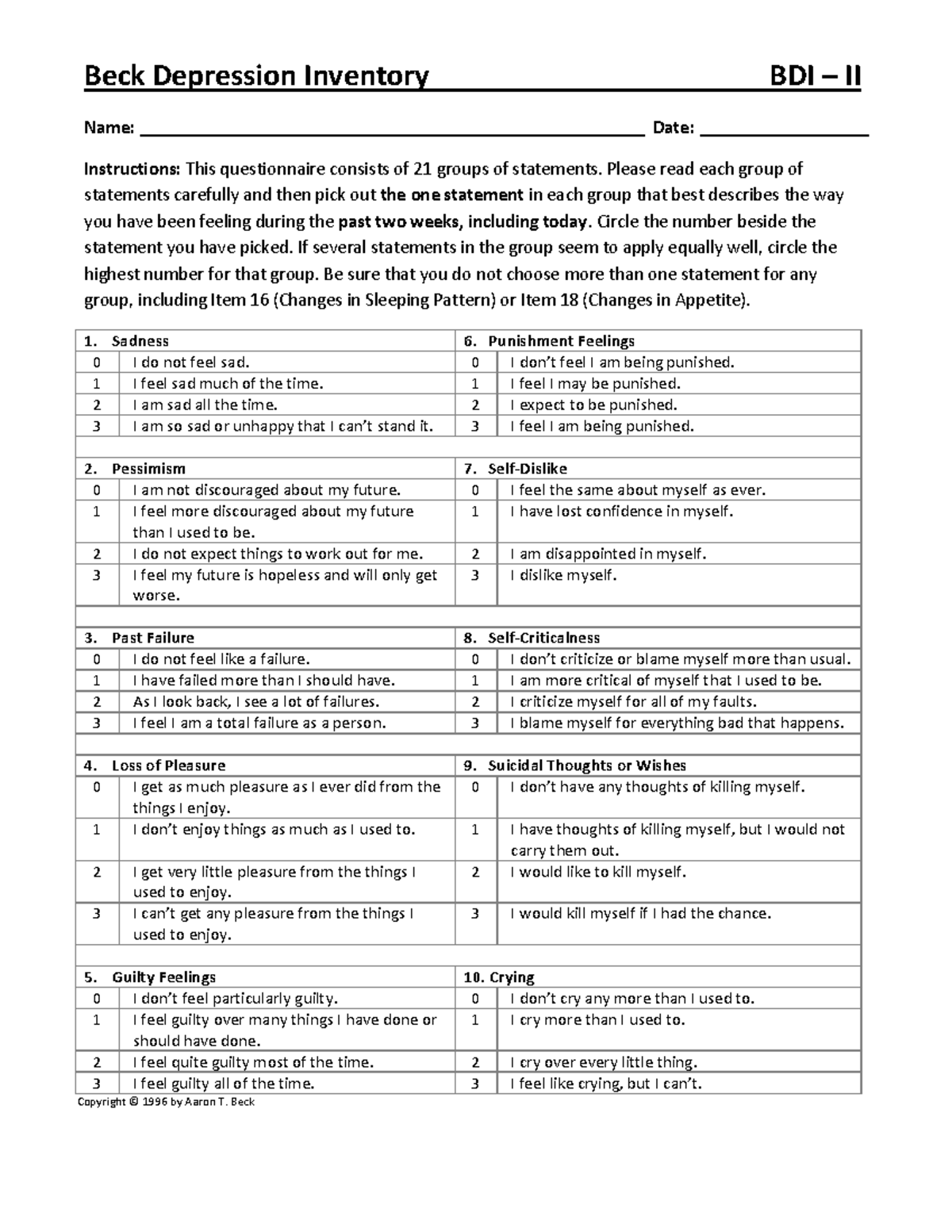 Beck Depression Inventory (BDI II) Questionnaire Instructions - Studocu