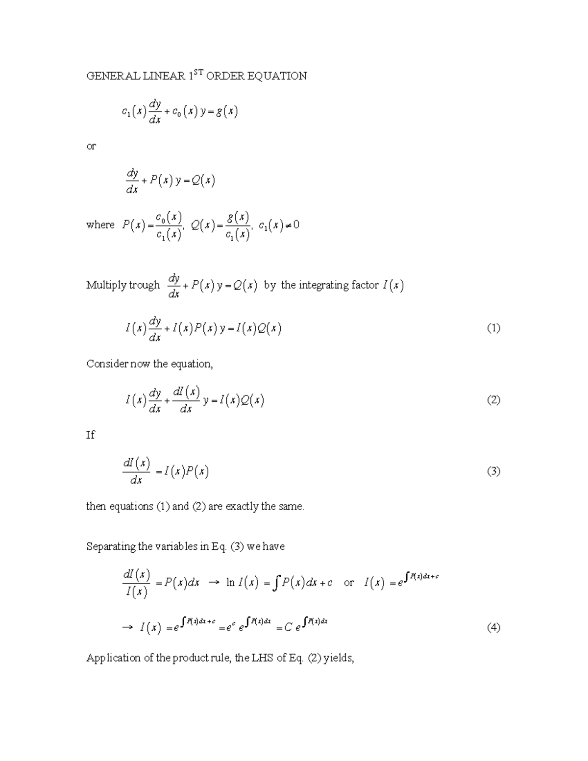 Integrating Factor Method for 1st Order Linear Equations - Class Notes ...