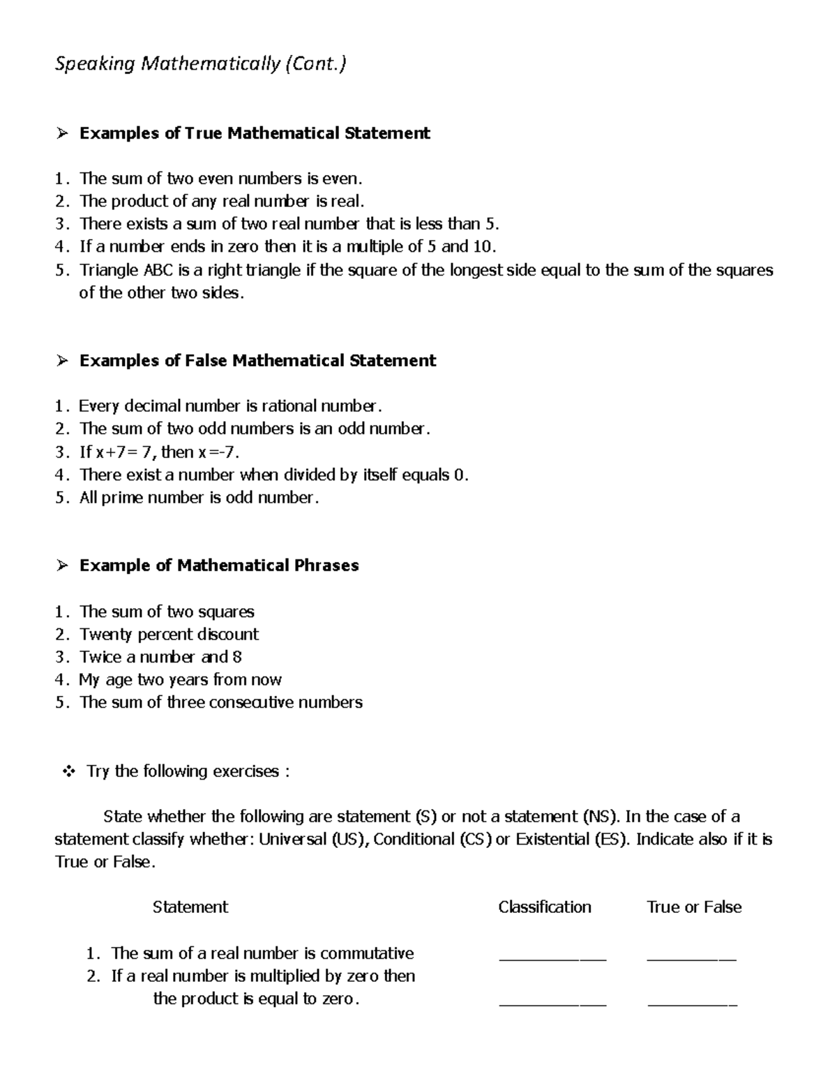 Speaking Mathematically II: True & False Statements and Expressions ...