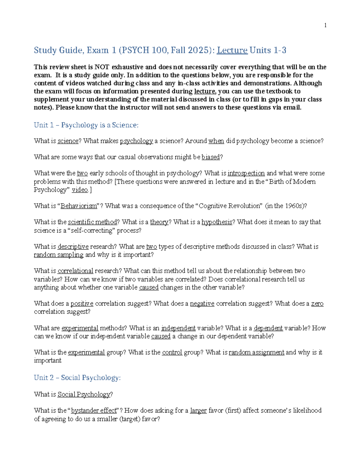 Study Guide for Exam 1 (PSYCH 100, Fall 2025): Units 1-3 Summary - Studocu