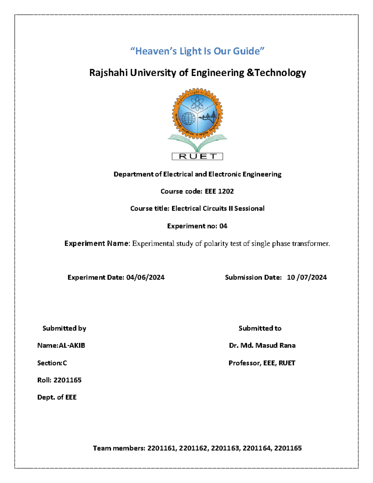 EEE 1202 - Exp 04: Polarity Test of Single Phase Transformer Study ...