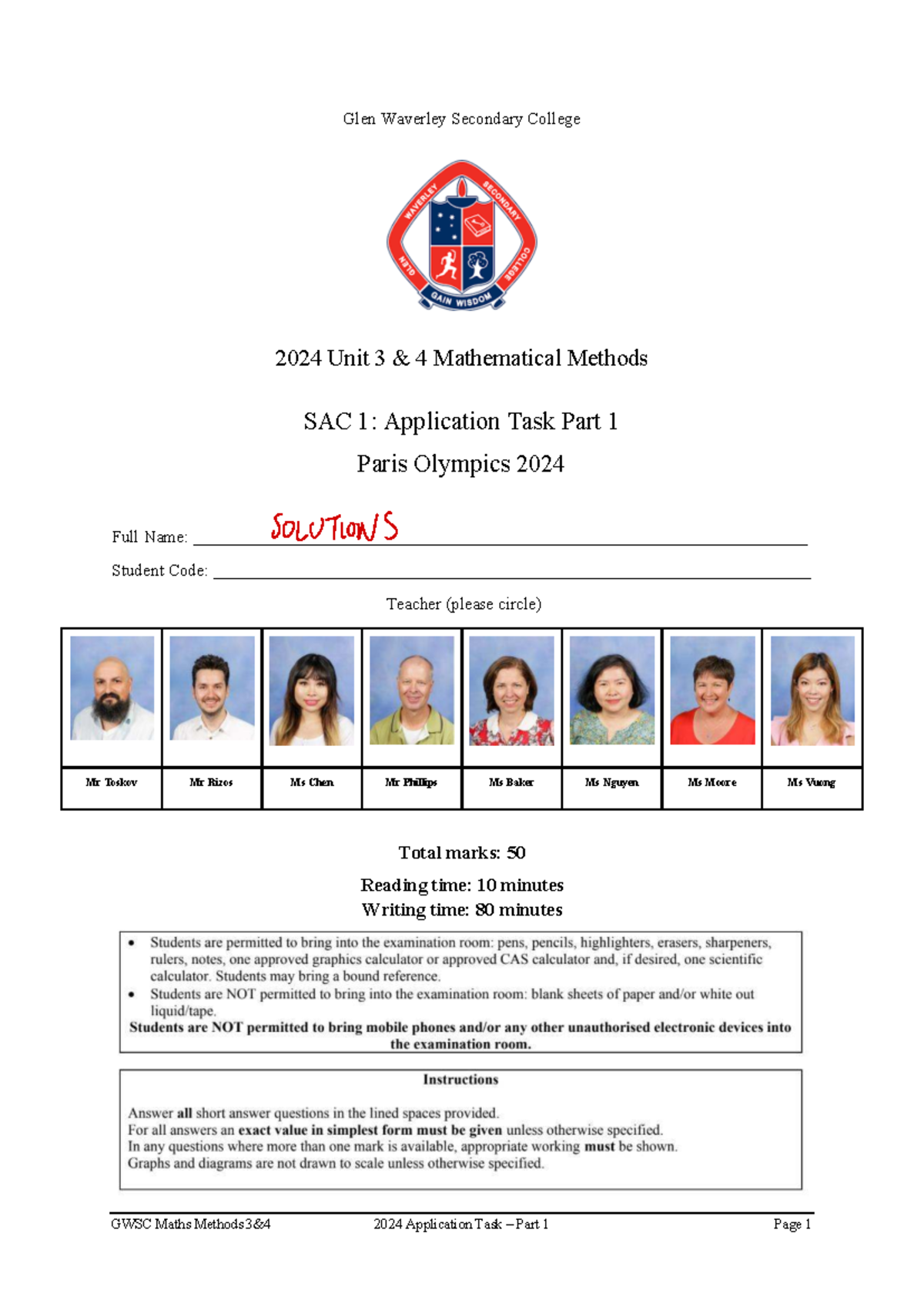 GWSC 2024 Unit 3 4 Mathematical Methods SAC 1 Application Task ...