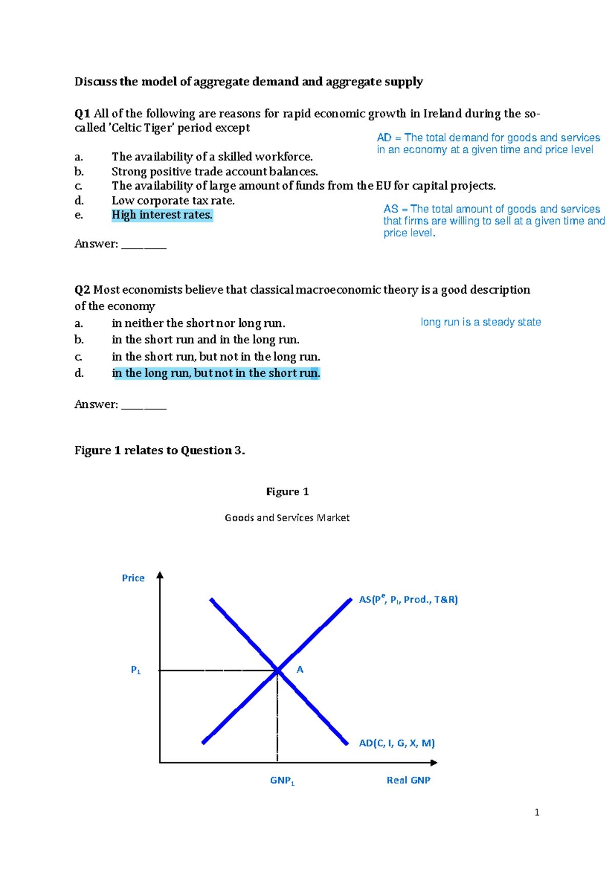 Aggregate demand and supply model analysis EC4004 Week 11 questions ...