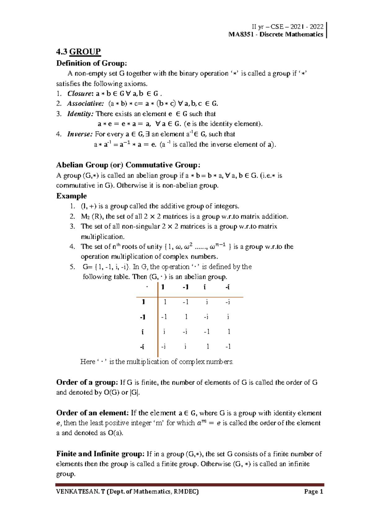 MA8351 - Discrete Mathematics: Group Theory Notes and Exercises - Studocu