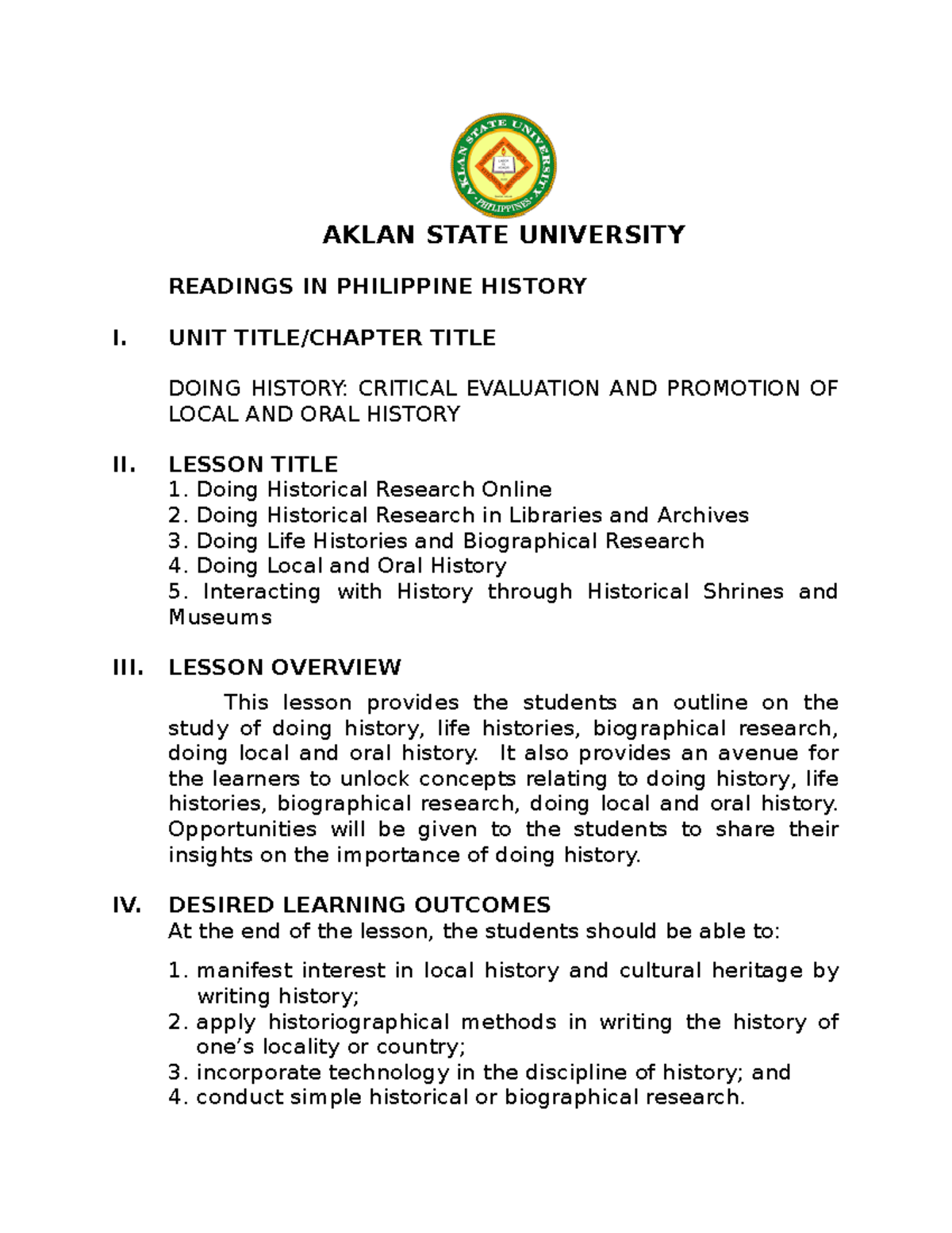 Readings IN Philippine History (HIST 101): Exploring Local and Oral ...
