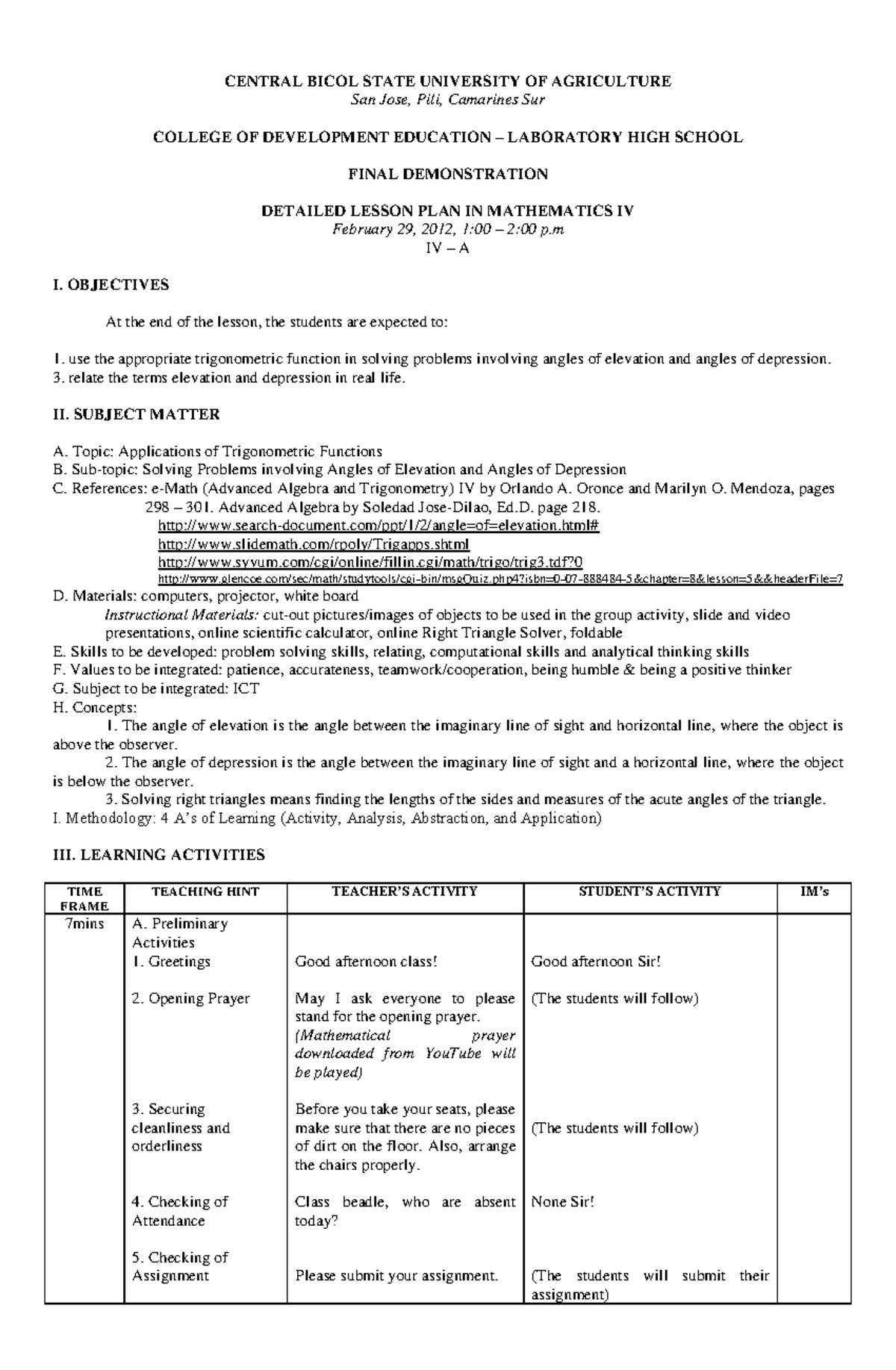 Detailed Lesson Plan in Mathematics IV: Final Demonstration - Studocu