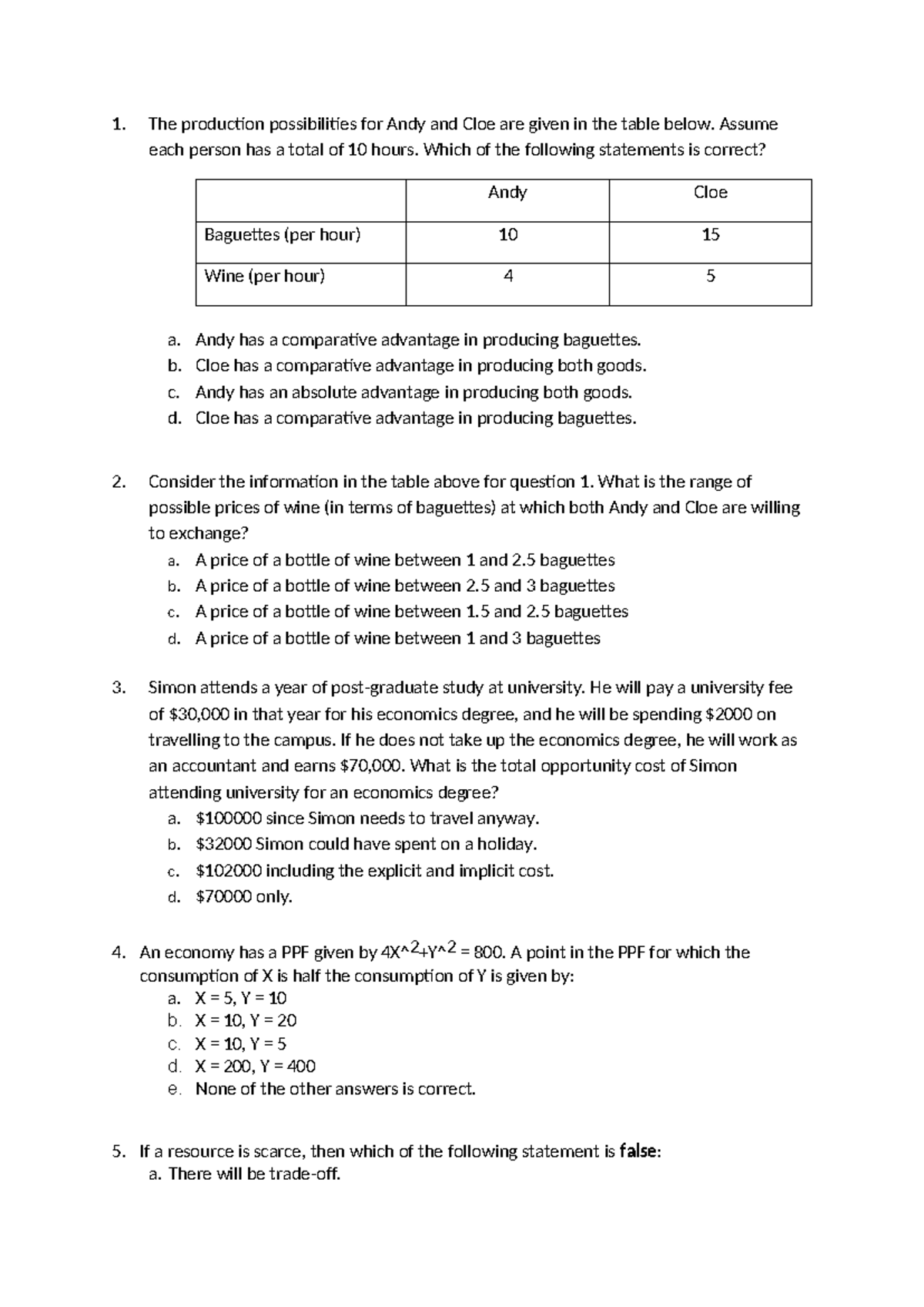 ECO 101 Midterm Q's on Production Possibilities & Opportunity Cost ...