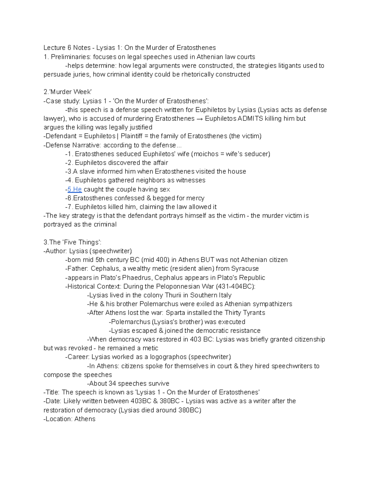 Classics 2301 - Week 7 Lecture Notes on Lysias 1: The Murder of ...