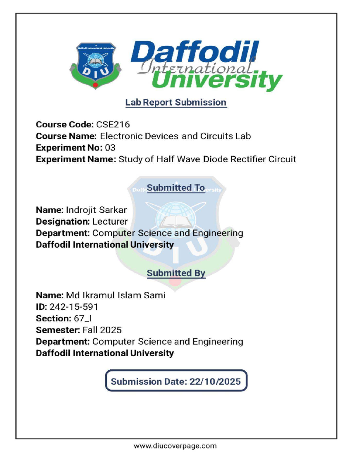 EDC Experiment No 03 - Lab Report on Half Wave Diode Rectifier - Studocu