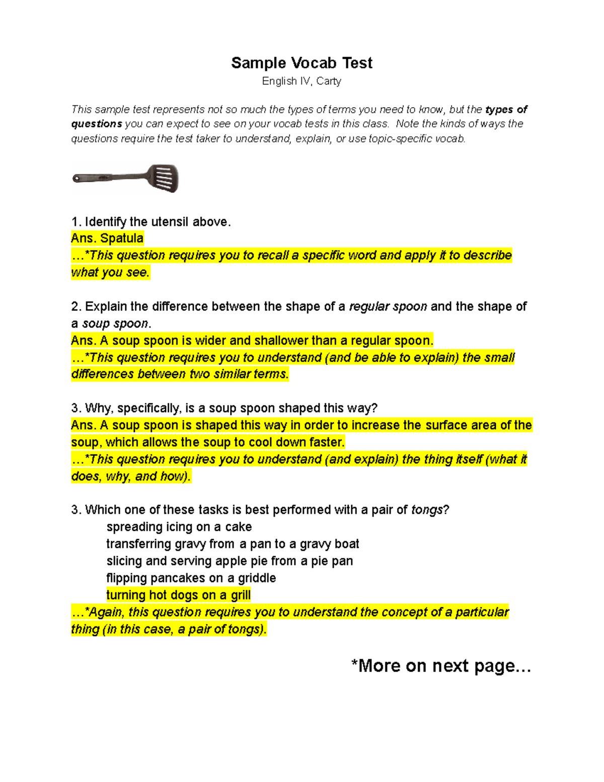 Example Vocab Test for English IV, Carty: Understanding Terms and Usage ...