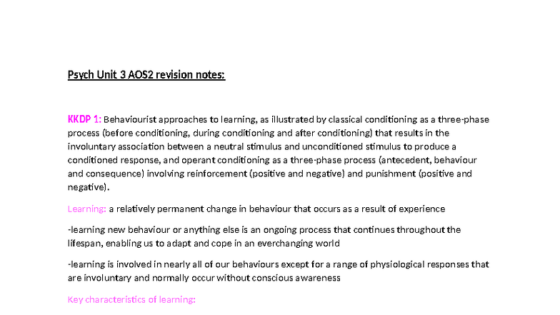 Psych Unit 3 AOS2 Revision Notes: Behaviourist & Cognitive Learning ...