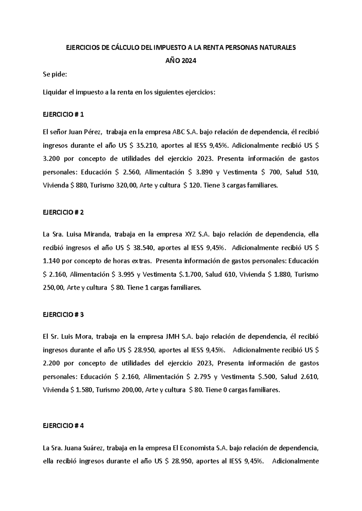 EJERCICIOS DE CÁLCULO DEL IMPUESTO A LA RENTA 2024 - Studocu