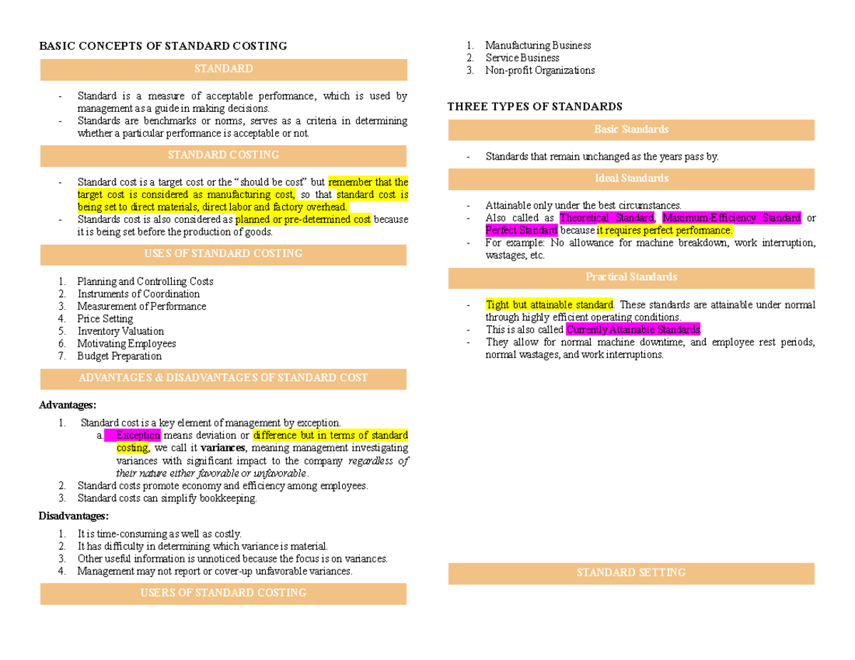 CMA 721079883 Standard Costing & Variance Analysis Review Notes - Studocu