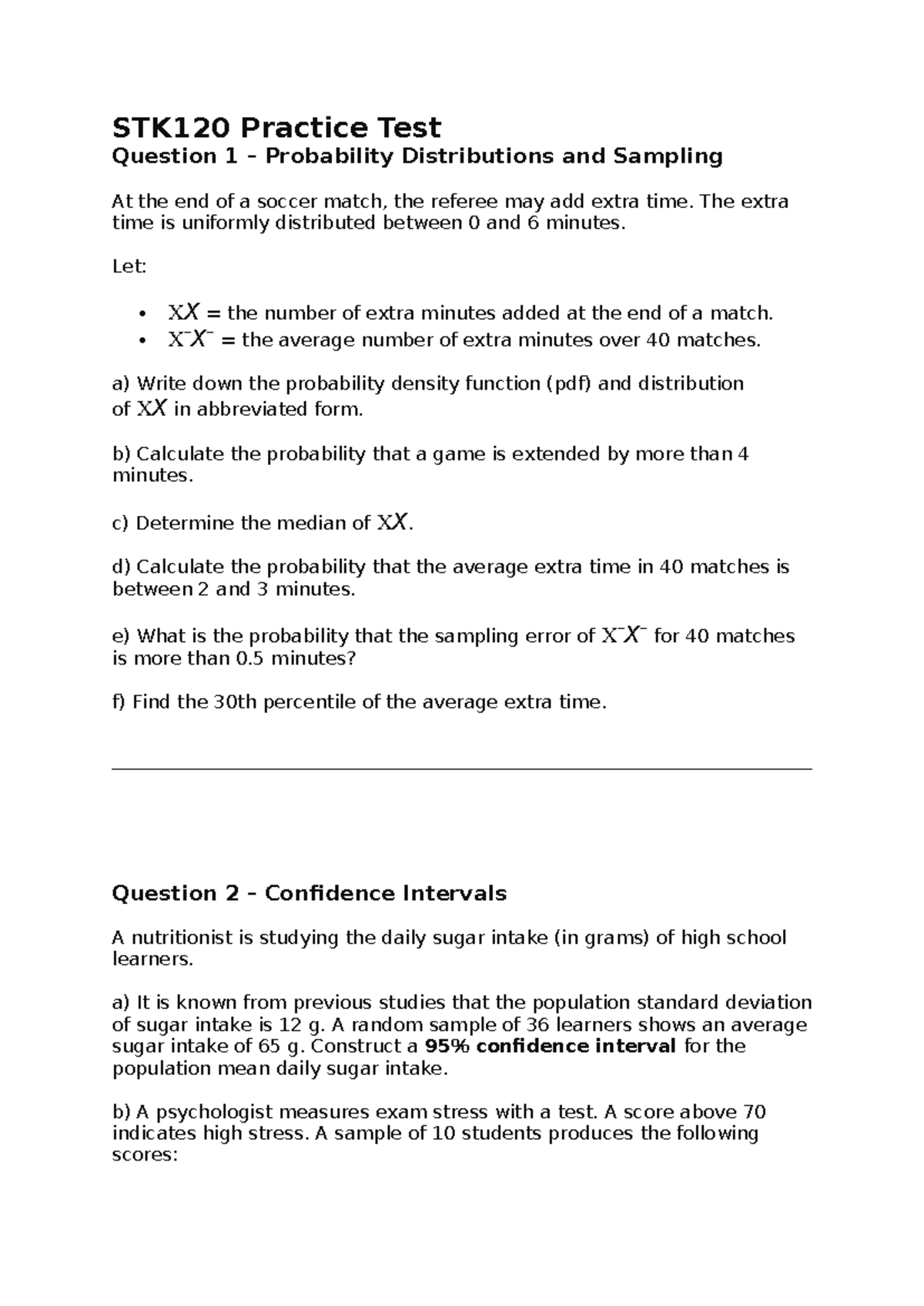 STK120 Practice Test: Probability Distributions, Confidence Intervals ...