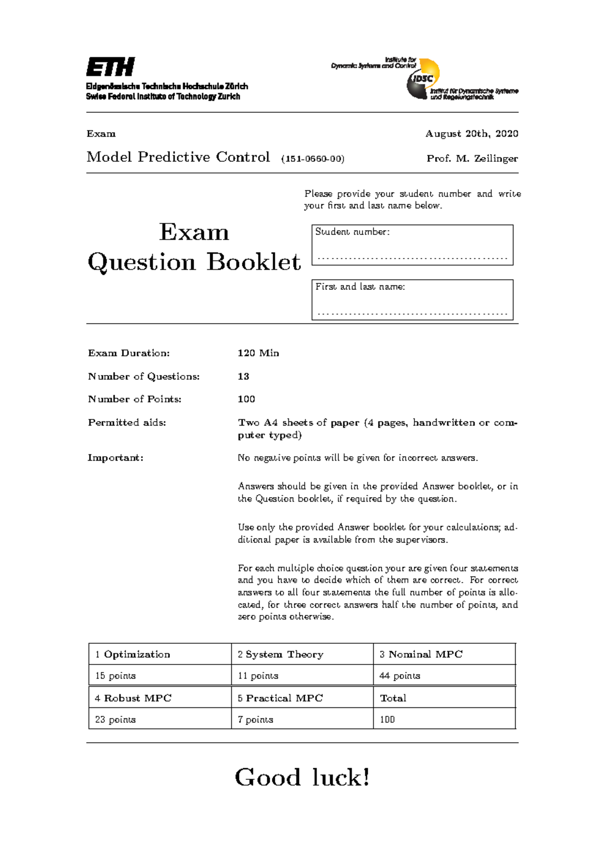 2020 MPC Practice Exam - Exam August 20th, 2020 Model Predictive ...