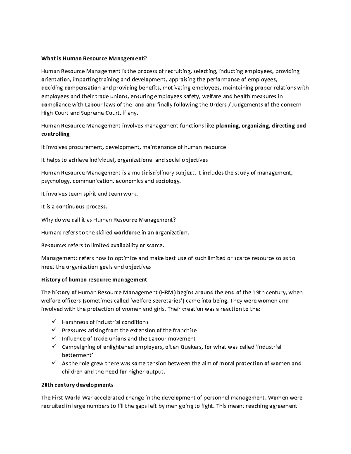 HRM 101: Comprehensive Notes on Human Resource Management - Studocu