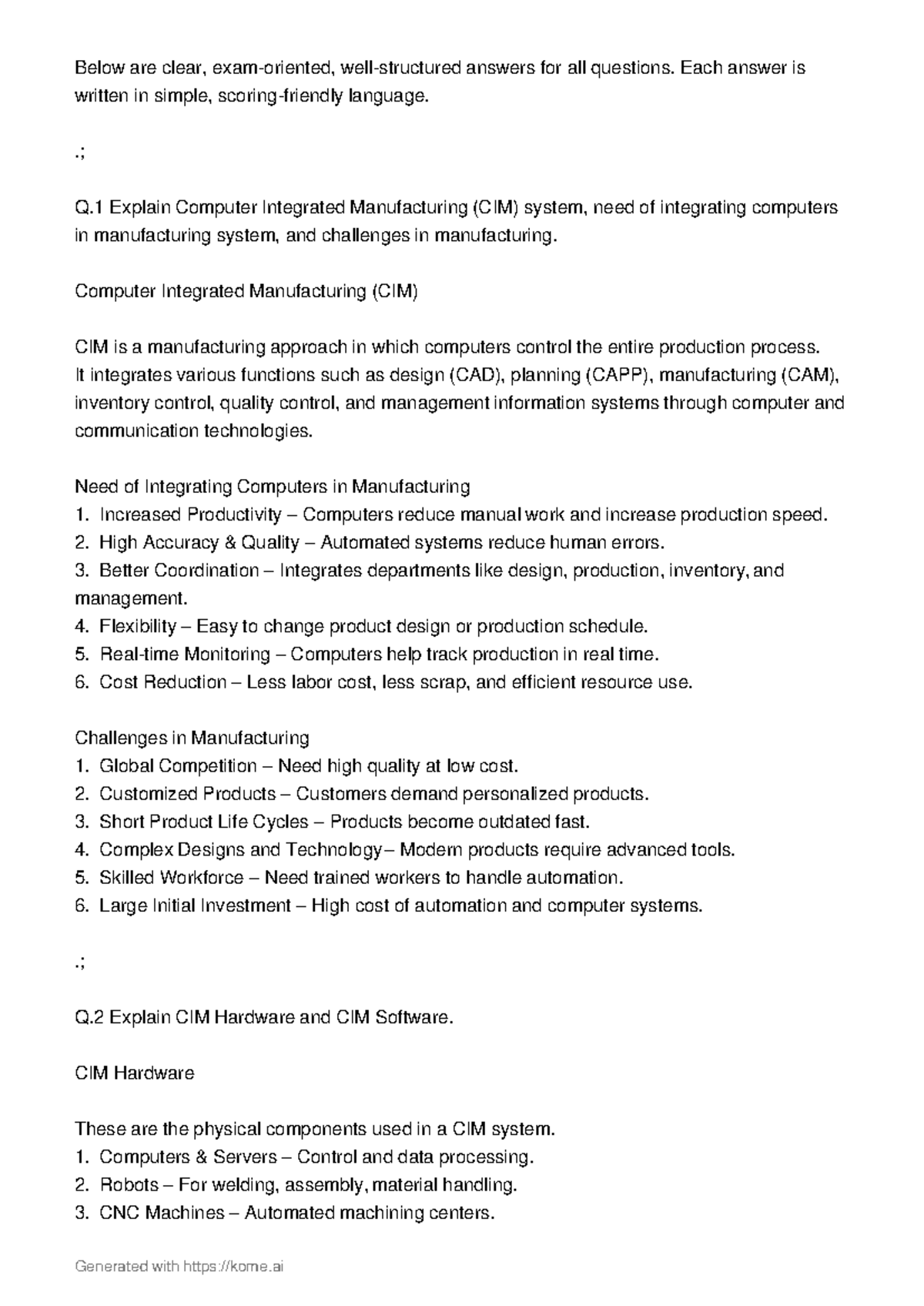 CIM 101: Comprehensive Notes on Computer Integrated Manufacturing - Studocu