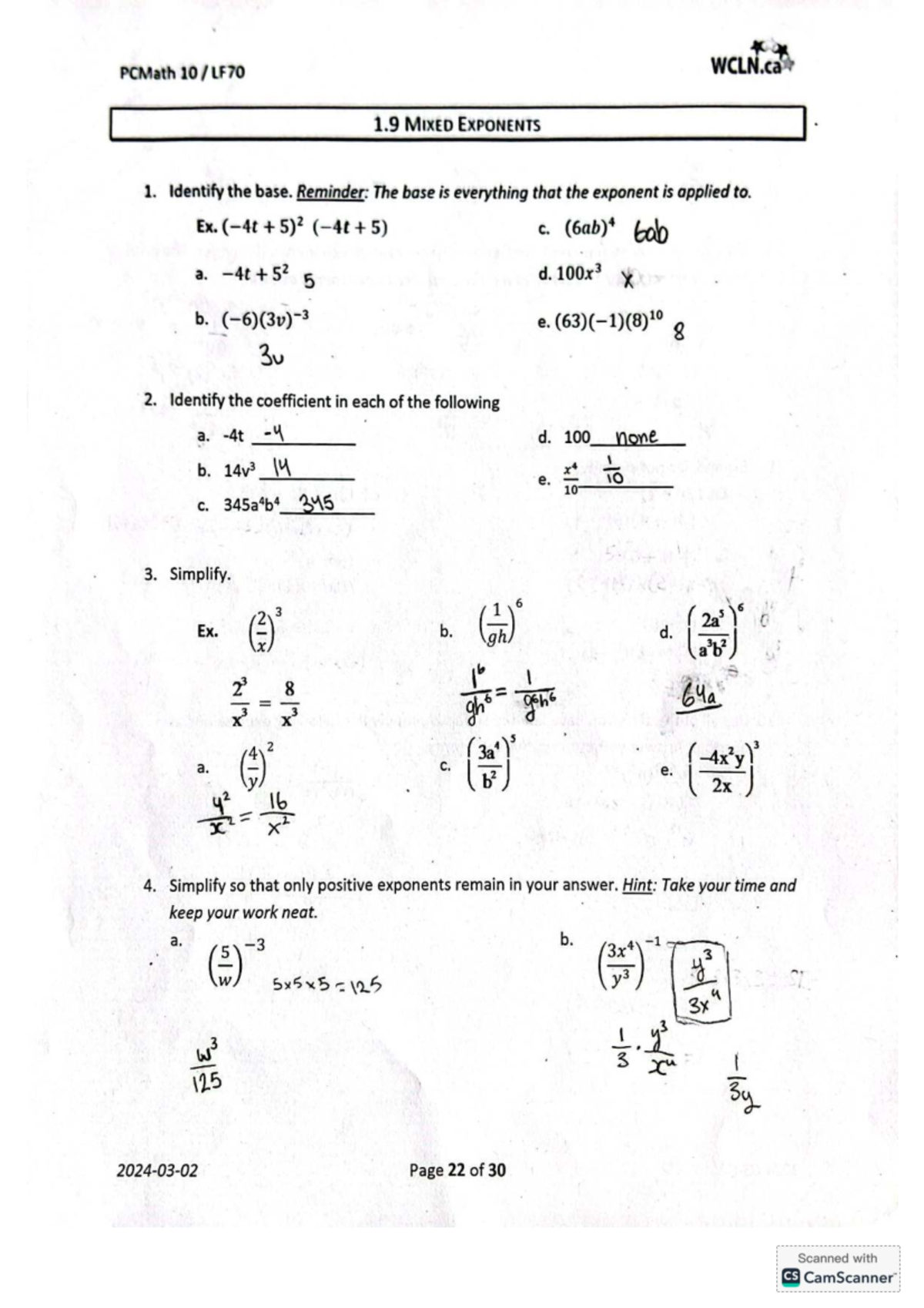 WCLN Math 10 Learning Guide: Exponents and Pythagorean Theorem - Studocu