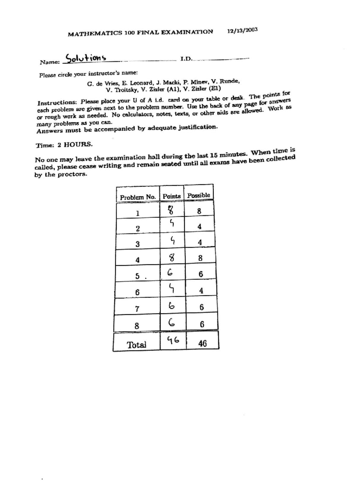 MATH 100 FINAL EXAM SOLUTIONS - FALL 2003 - Studocu