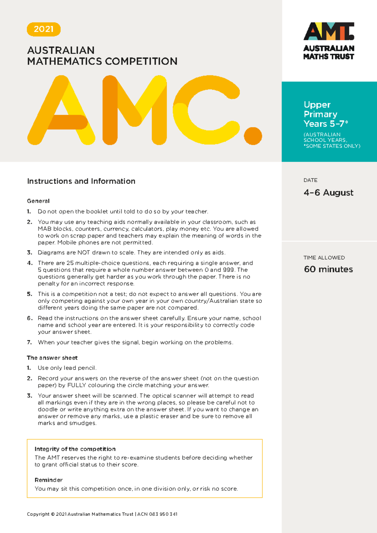 2021 AMC Upper Primary Competition Instructions and Sample Questions ...