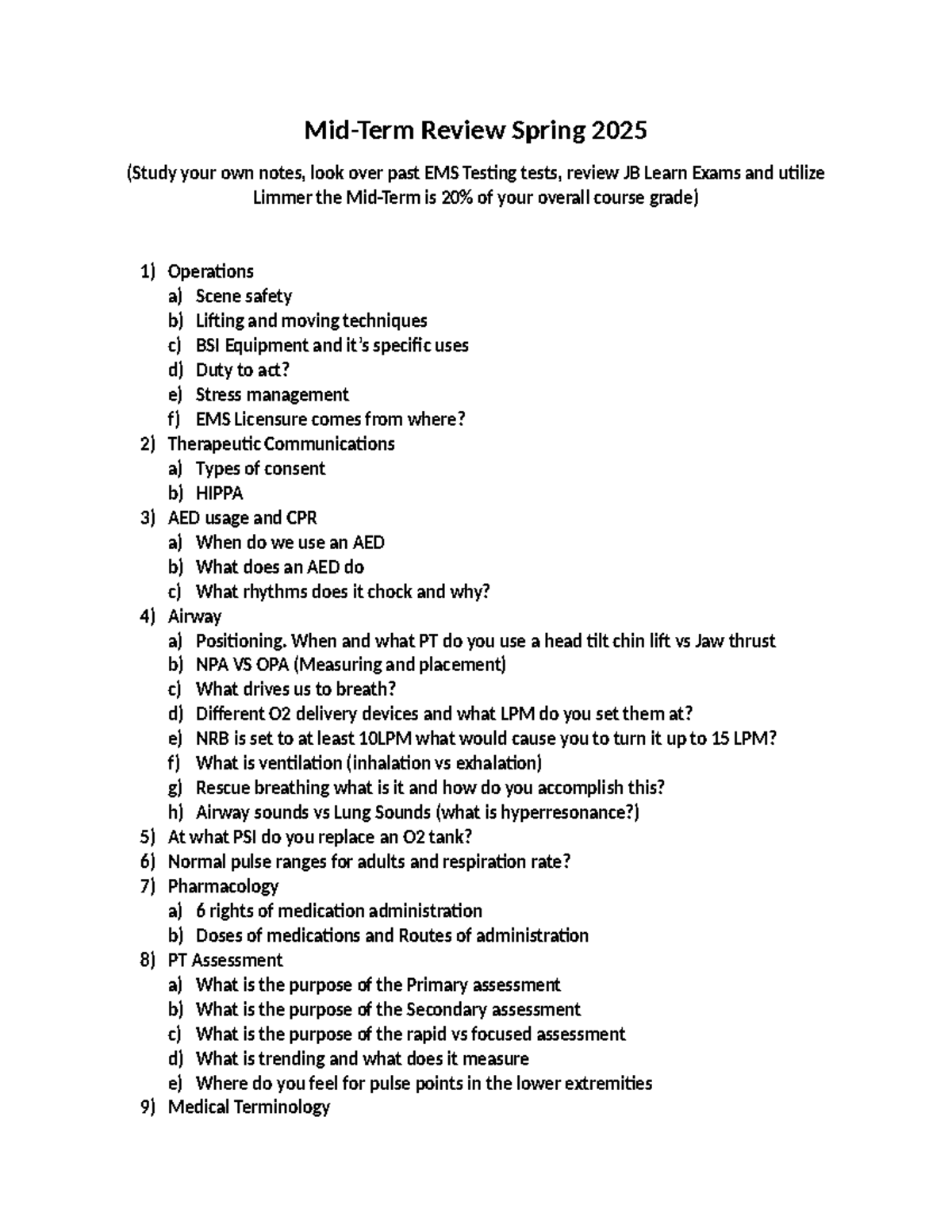 Mid-Term Review Notes for EMS Operations (EMS 101) Spring 2025 - Studocu