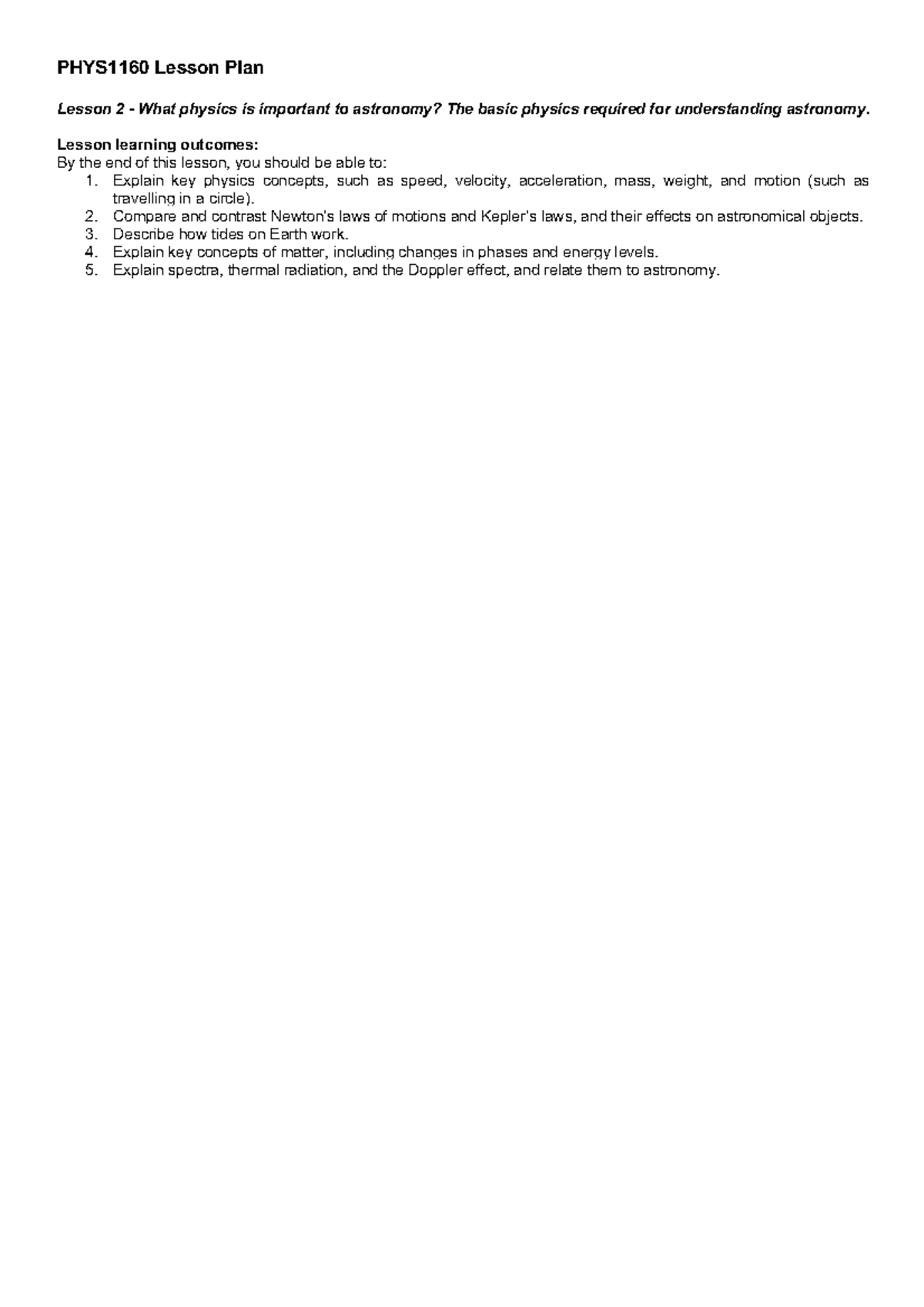 PHYS1160 Lesson 2: Key Physics Concepts in Astronomy - Studocu