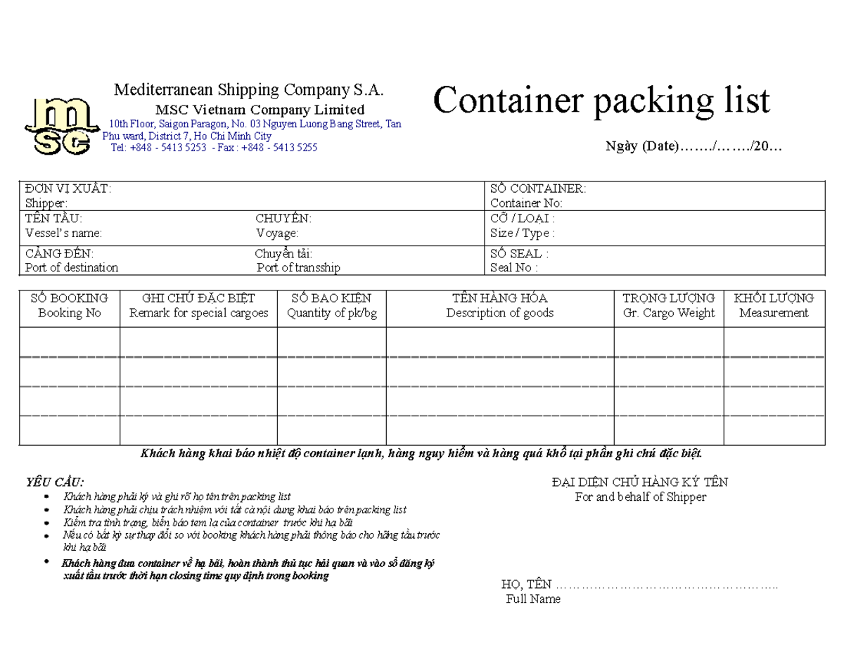 MSC Container Packing List and Shipping Instructions - Studocu