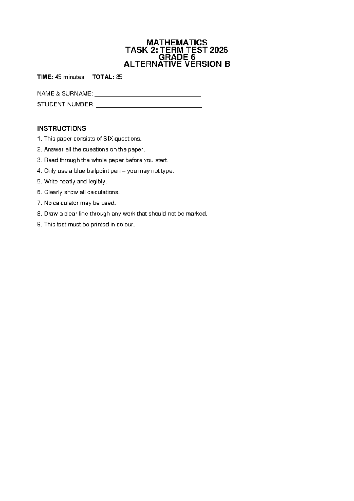Grade 6 Maths Term Test 2026: Alternative Version B - Studocu