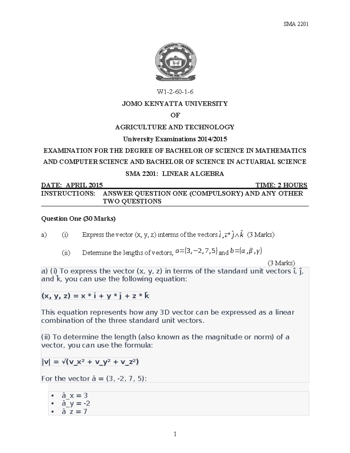 SMA 2201 Linear Algebra I August 2016 Supplementary Exam Notes - Studocu